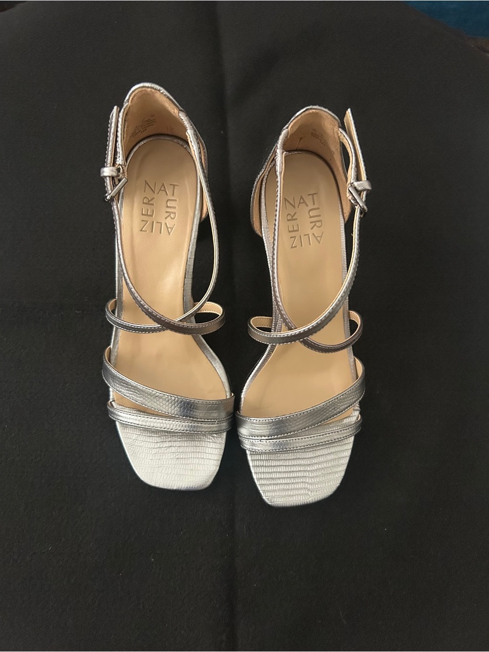 Naturalizer Silver Metallic Strappy Block Heel Sandals
